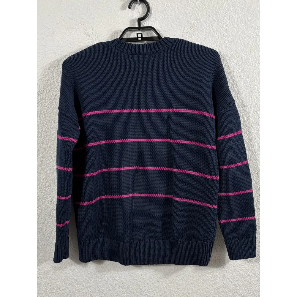 Banana Republic Sweater Mens‎ Medium Blue Fuchsia Striped Knit Crewneck Pullover